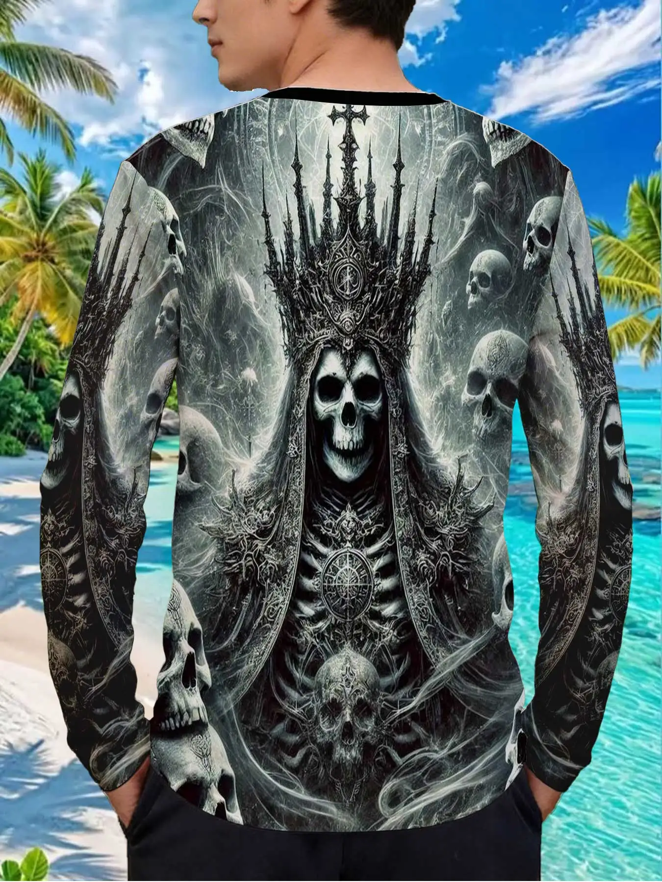 Halloween Skull Skeleton Crown Dark Gothic Mens Polyester Long Sleeve T Shirt Skull King Undead Priest Print Graphic Tee Casual