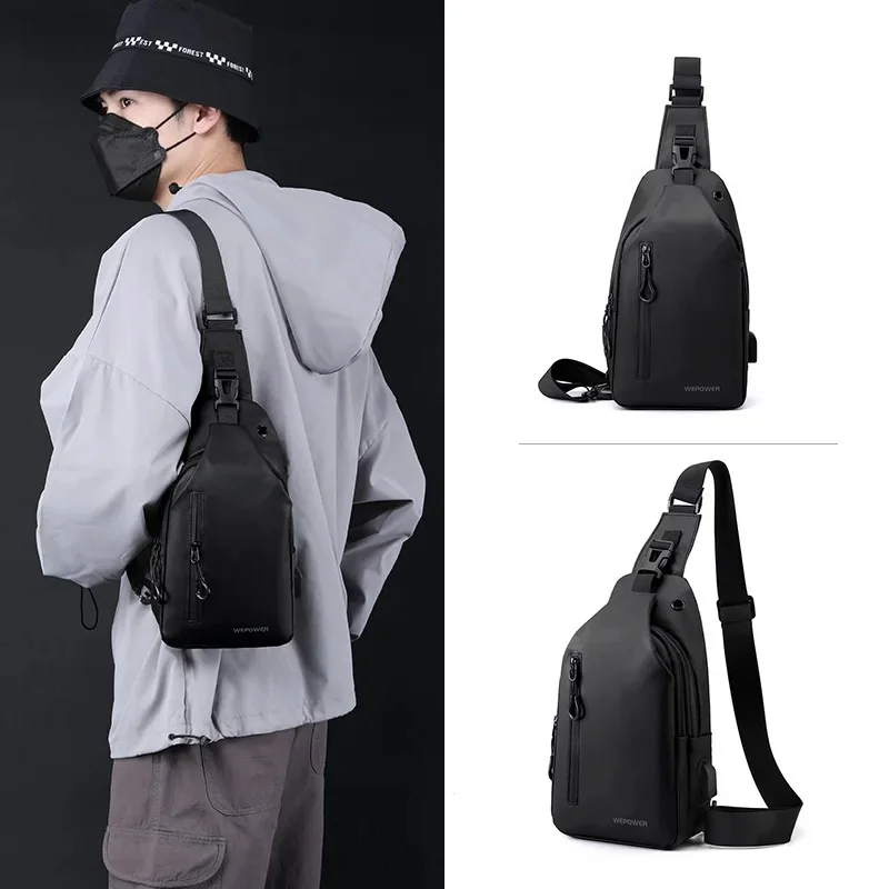 New Male Bag Fashion Solid Color Men Chest Bag Outdoor Sport Casual One Shoulder Crossbody Bag Nylon USB Charging Shoulder Bags