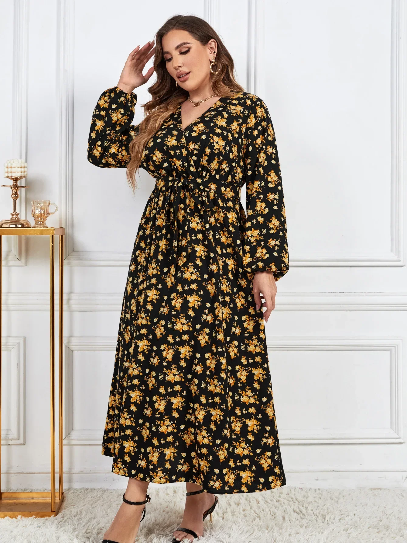 Plus Size Wrap V Neck Women\'s Long Sleeve Dress Drawstring Waist Belt Robe Floral Print Female Autumn Fall Elegant Clothing