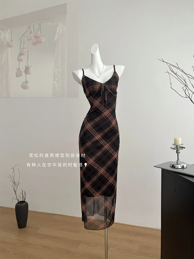 Summer French Vintage Long Spaghetti Strap Plaid Dress Women Old Money Aesthetic Frocks One-Piece Robe Prom Gown Mesh Slim Gyaru