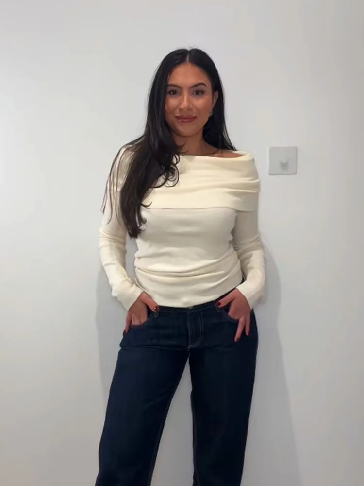 

HH весенние новые модные женские вязаные топы сплошной вырез с длинными рукавами и открытыми плечами плиссированные женские повседневные свитера топы