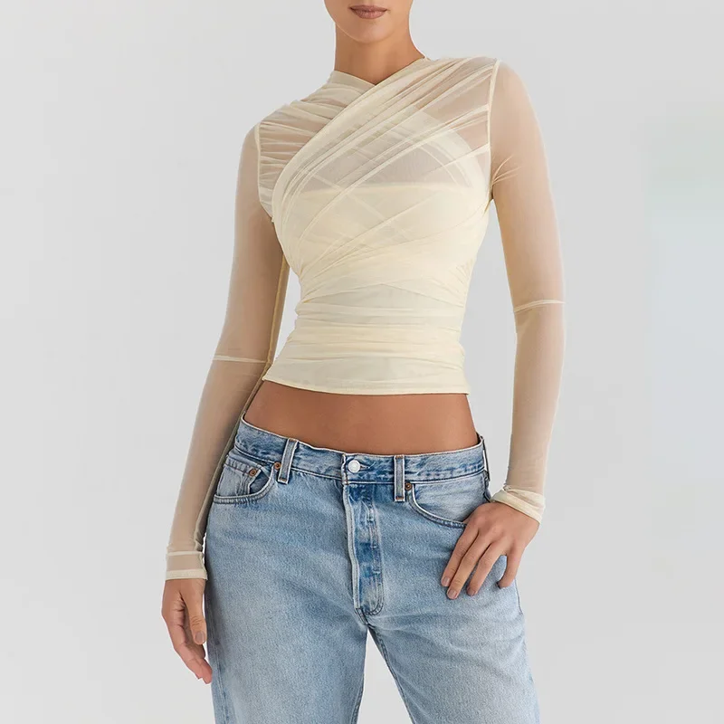 Women's Sexy Mesh See-through Crop Tops with Back Zipper Spring Summer Long Sleeve Midriff Tops Solid Colors T Shirts YWFD005