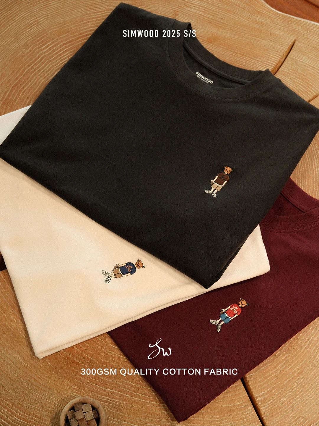 

SIMWOOD 2025 Summer New Super Loose 300gsm Quality 100% Cotton Fabric T-shirts Men Embroidery Pattern Plus Size Tops