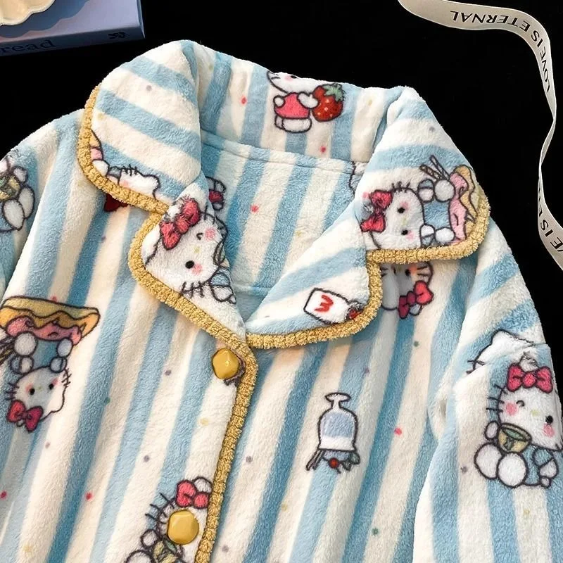 Cartoon HelloKitty Cute Winter Warm Flannel Pajama Set Pants Fluffy House Clothes Women Dormitory Long-sleeved Streak Loungewear