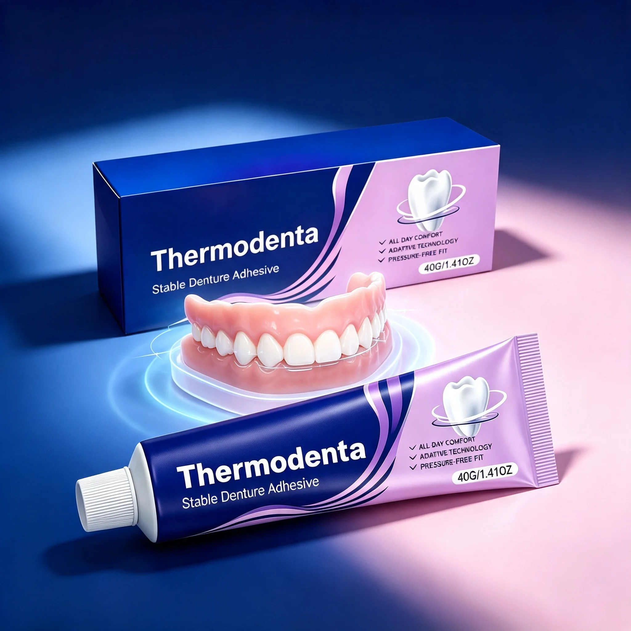 Thermodenta Denture Adhesive Cream 40G Strong Hold All‑Day Hold Pressure‑Free Fit For Loose Full & Partial False Teeth