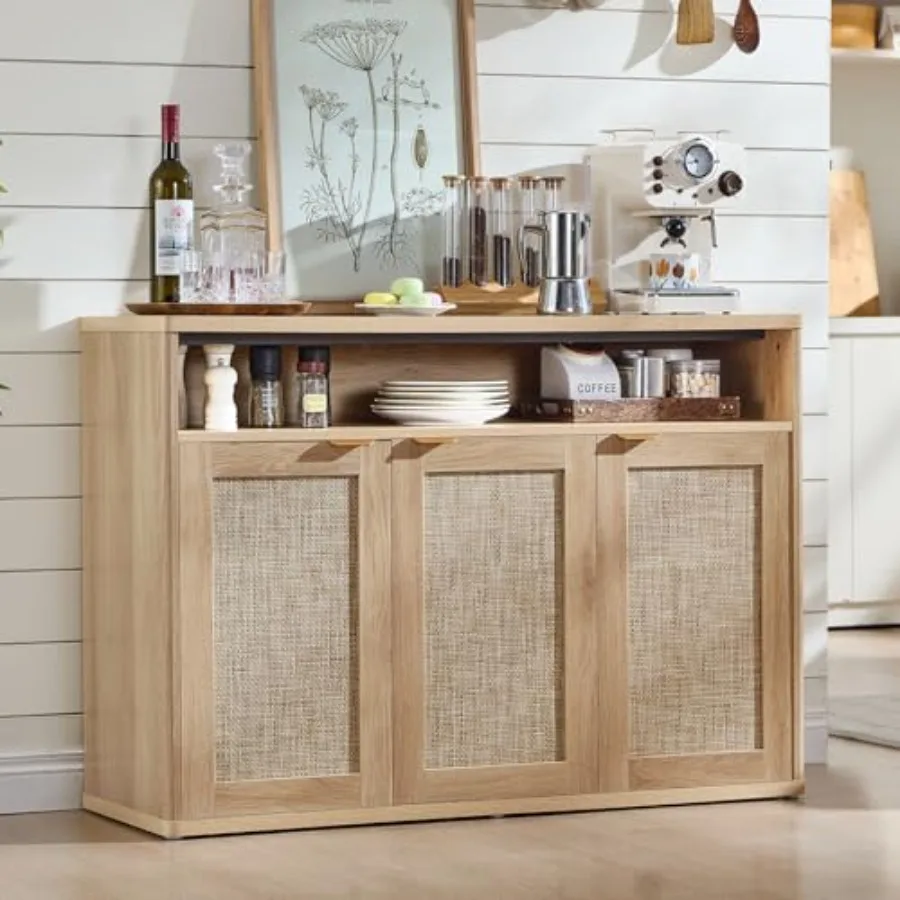 45-Inch Rattan Buffet Cabinet with 3 Doors, Natural Woven Texture, Rustic Dining Room Storage Solution, Warm Beige Tone, Handwo