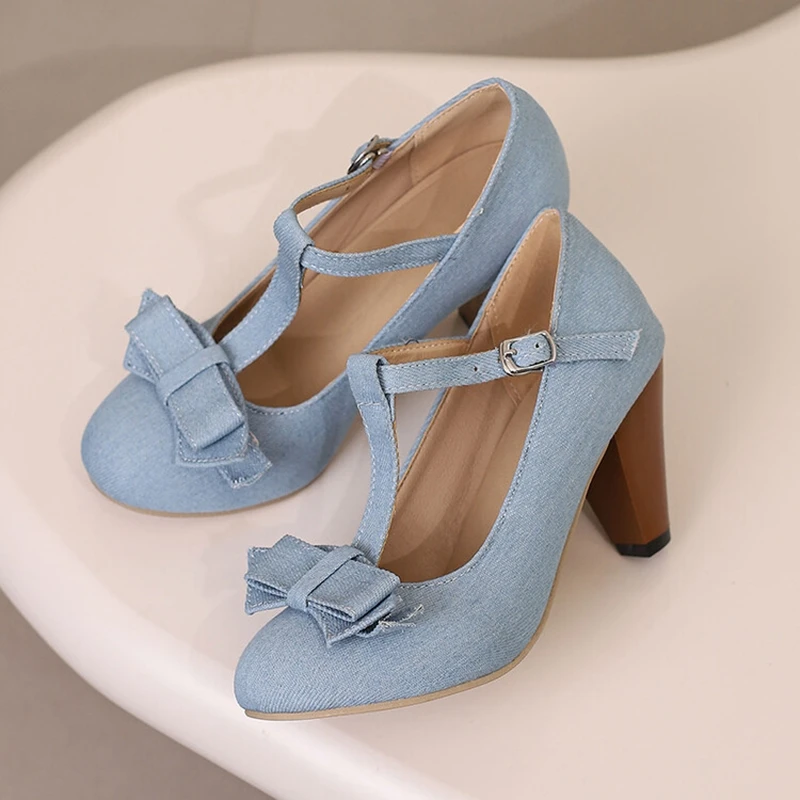 Reave Cat Women Pumps Pointed Toe 7.5cm Spike Heel Fabric Big Bow T- Strap Fashion Design Party Office Big Size 46 47
