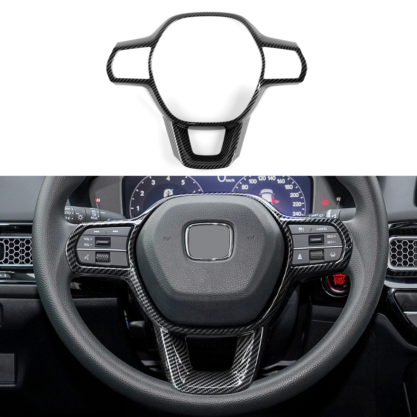 For Honda Civic 11th Gen (2022-2026) Accessories, Steering Wheel Trim, Center Console Gear Shift Panel ,Carbon Fiber ABS Sticker view 2