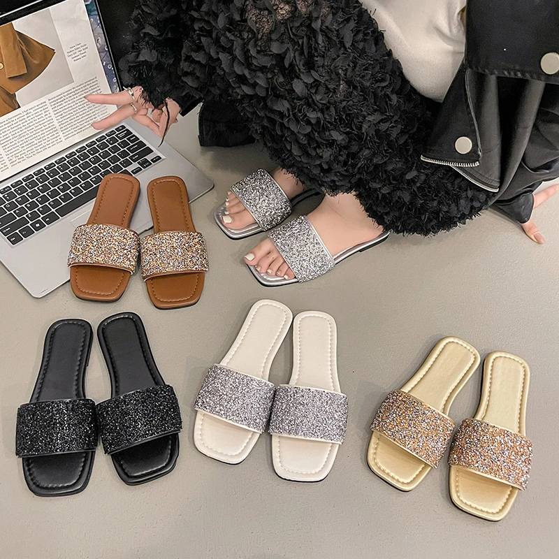 2026 New Summer Women's Flat Sandals Shining Outdoor Open Toe Walking Comfortable Fashion Casual Women Slippers Plus Size 43