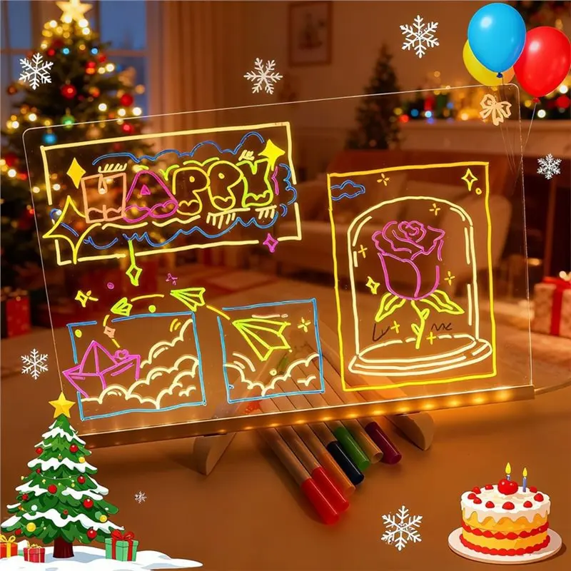 LED Drawing Board For Kids With Night Lamp Magic Light Blackboard Reusable Acrylic Message Doodler