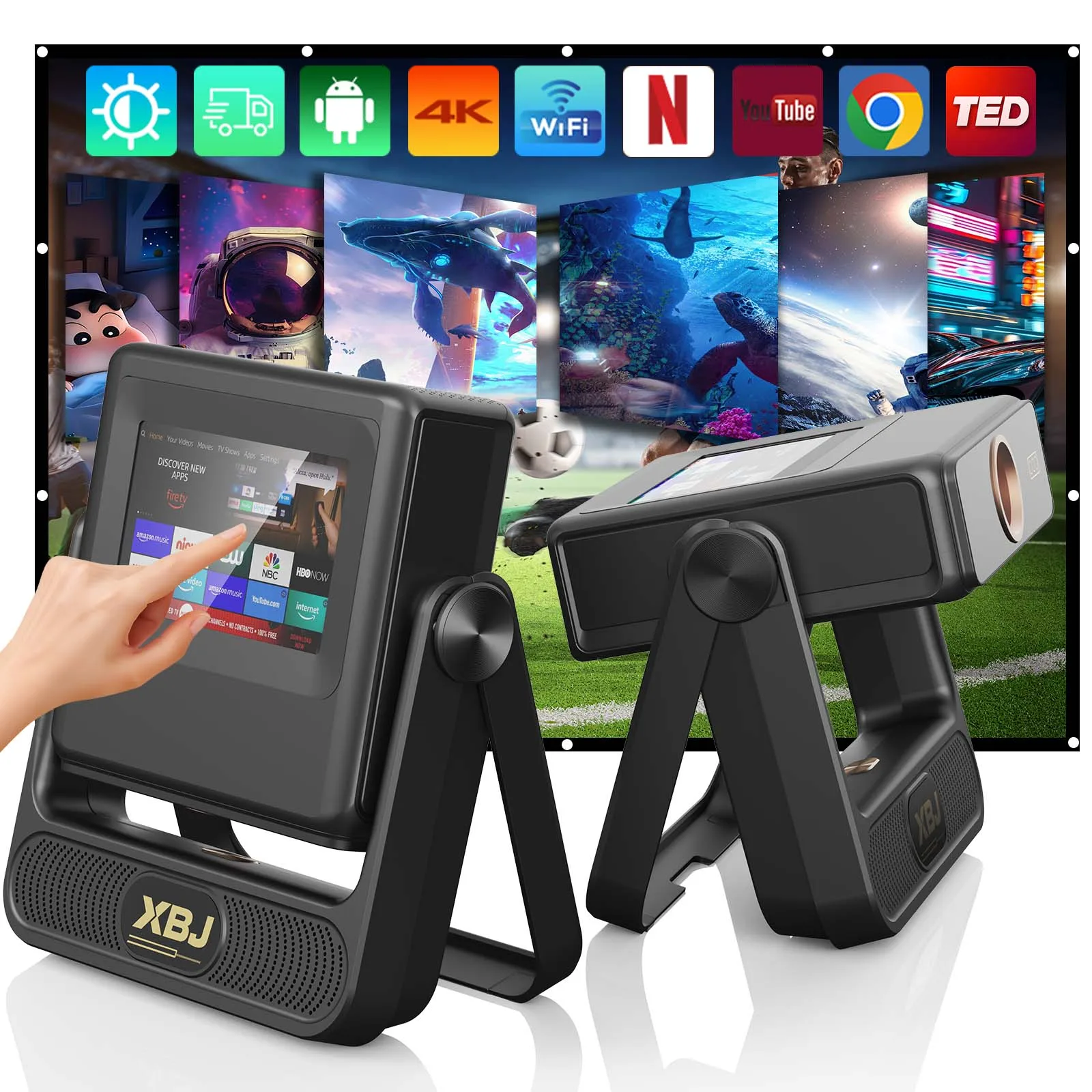 XBJ A5Pro Smart Dual Touchscreen Projector 1080P HD Projector met WiFi, automatische keystone-correctie, thuisbioscoop buitenbioscoop