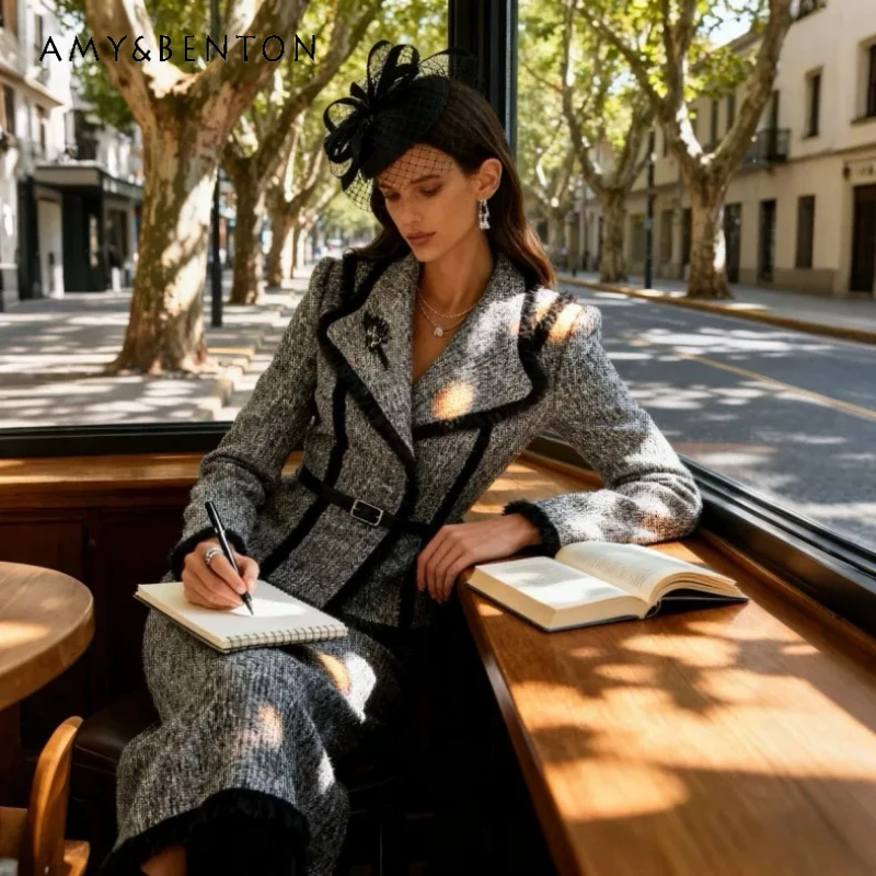 

Light Gray Heavy Industry Burr Edge Thickened Women's Suit Jacket 2026 Autumn Winter New Slim Thin Versatile Skirt Sets Ladies