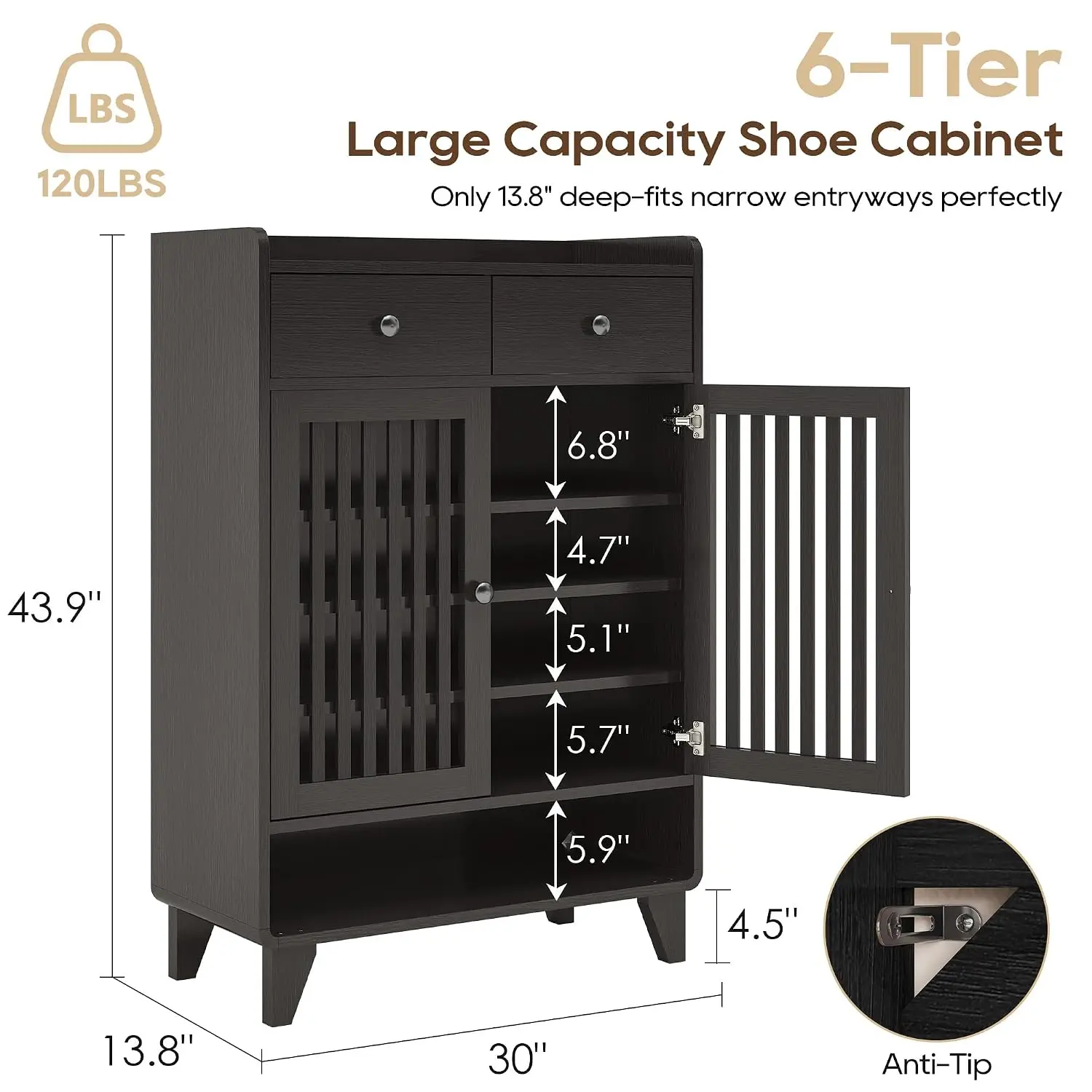 Wooden Shoe Cabinet 6-Tier Enclosed Slatted Doors Adjustable Shelves 2 Drawers Narrow Entryway Hallway Closet Black, Customized