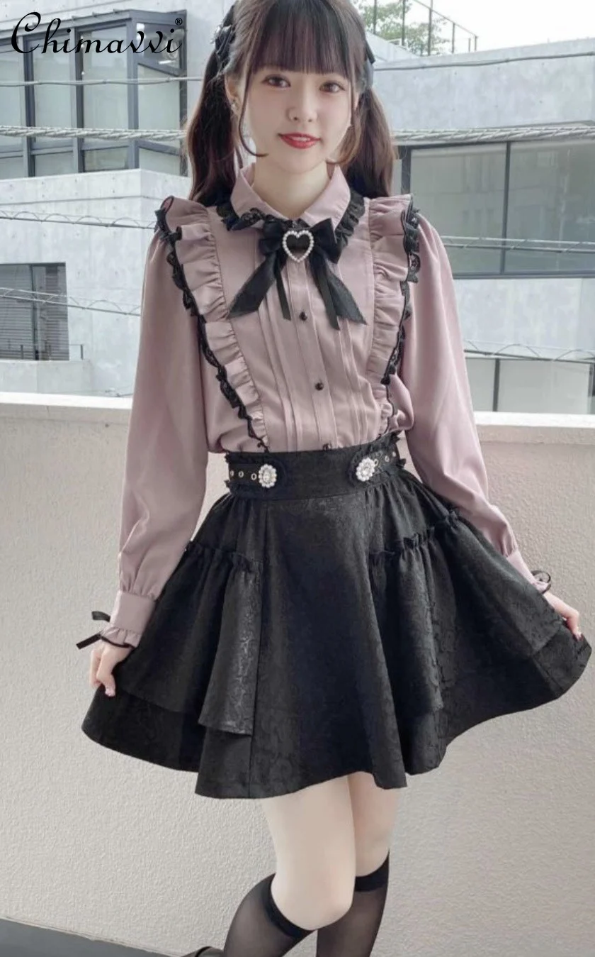 Rojita Skirt Mine Mass-Produced High Waisted Rhinestone Button Jacquard Black Skirts Autumn Women's Pleated A- Line Mini Skirt