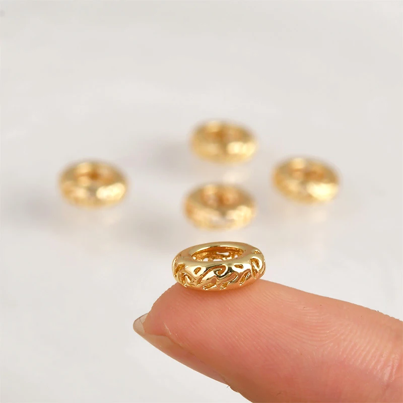 4pcs copper bag 14K bag hollowed out retro pattern large hole flat bead spacer DIY hand made jewelry accessories materials