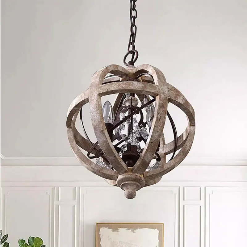 American Countryside Ball Shaped Chandelier Living Room Hallway Restaurant Bar Counter Retro Wooden E14 Crystal Decor Chandelier