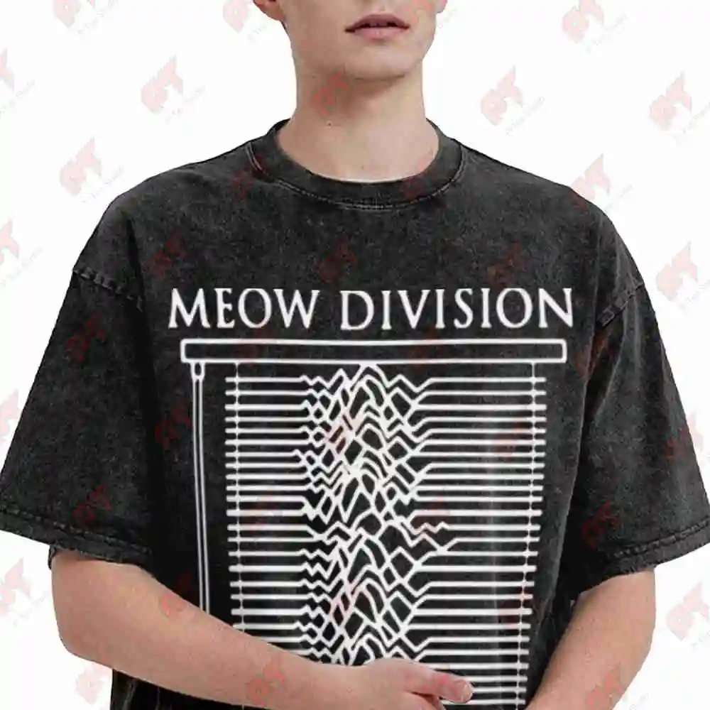 Joy Division Post Punk Cat Waveform Meow Vintage Washed Tee Pure Cotton T-Shirt