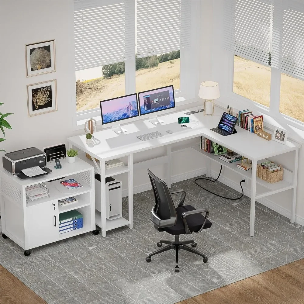 Reversible L Shaped Computer Desk with Magic Power Outlets and USB Charging Ports, Durable Work Desk Home Office