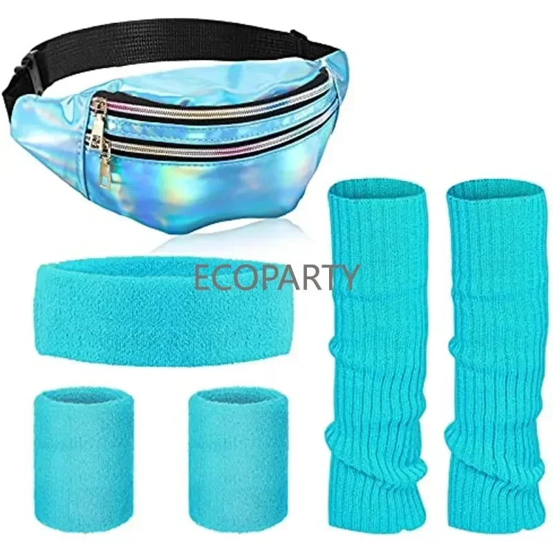 80s ผู้หญิงนีออนขาอุ่นชุด Holographic Fanny Pack ถักขาอุ่นสายรัดข้อมือสําหรับโยคะวิ่งเดินป่าเดินทาง