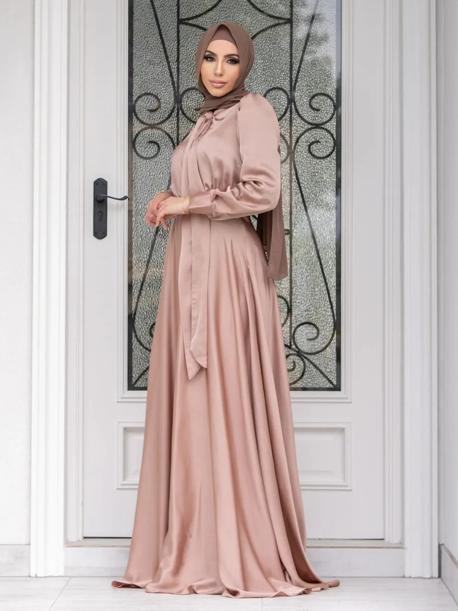 Modest Dubai Abaya Hijab Islam Ramadan Robe Femme Kaftan Formal Evening Maxi Dresses Muslim Fashion Women Satin Prom Long Dress