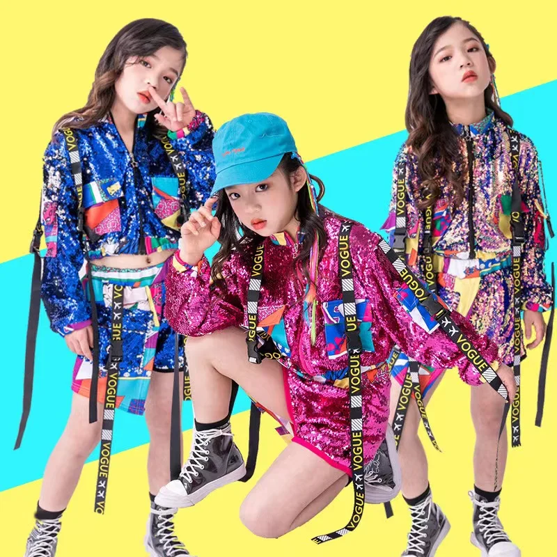 Ropa de baile de Hip Hop para niños y niñas, trajes de baile de Jazz con lentejuelas rosas, estante de baile de salón, trajes de rendimiento de