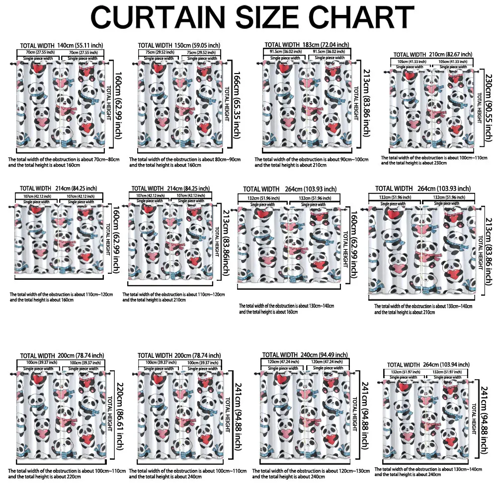 A two-piece 90-gram printed curtain decorated with a panda hugging heart scarf pattern, suitable for machine washing