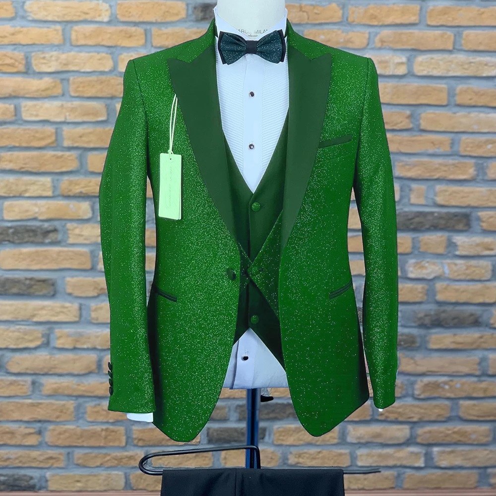 Luxury Green Shiny Groom Wedding Party Tuxedo Slim Fit Men Suit Set 3 Pieces (Jacket+Vest+Pants) Trajes De Hombre Boda 2023