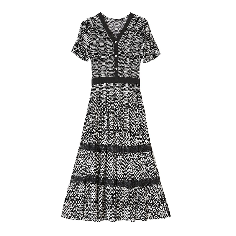 여름 신상 브이넥 플리츠 드레스 슬림 플로럴 프린트 하이웨이스트 롱 스커트 엘레 레이디라이크 슬레 오트 스베 미디 드레스