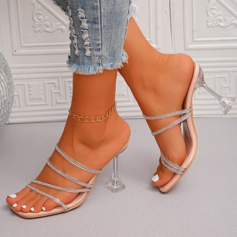 

2025 New Women's Casual Basic Hot Selling Summer Fashion Rhinestone Embellished Women's Shoes Stiletto Heel High Heeled Sandals