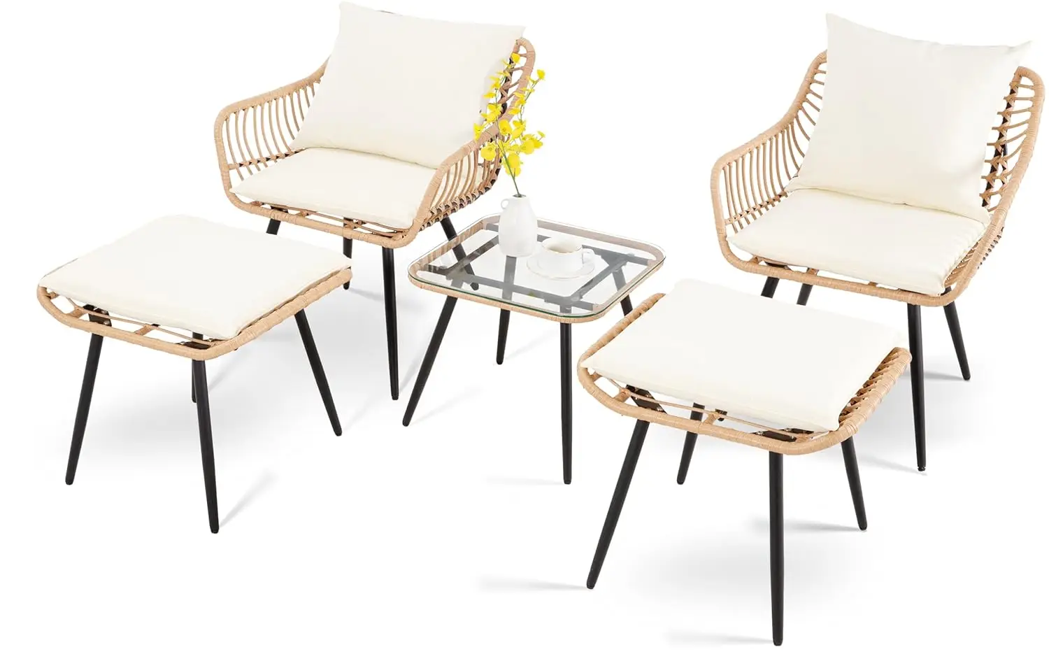 

Комплект садовой мебели из 5 предметов: плетеные стулья, пуфик, кофейный столик из всепогодного ротанга (полиэтилен), для балкона, веранды, террасы, двора, у бассейна, с возможностью индивидуального заказа