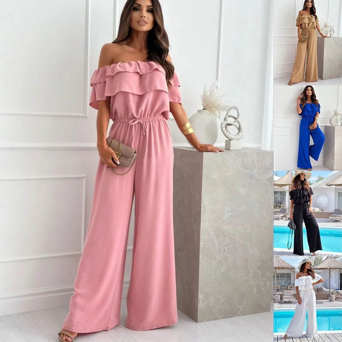 

Summer Women's Clothing Plus Size Jumpsuit With Puff Short Sleeves High Waist Long Pants Polyester Thin Bodysuit For Woman
