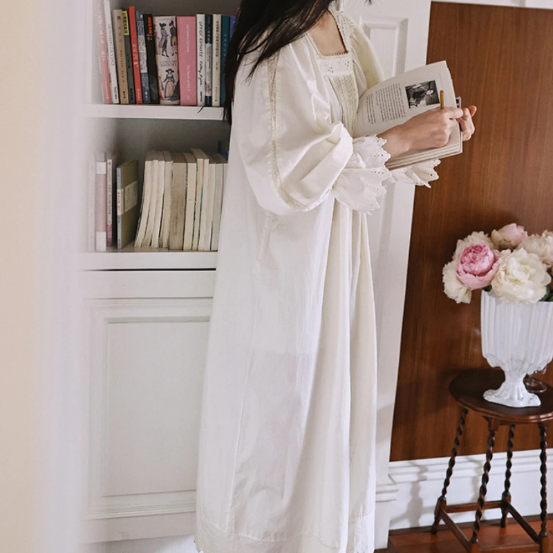 Spring Summer Vintage Pure Cotton Long Night Dress Women Princess Sleepwear Nightwear Fairy Sweet Loose Square Collar Nightdress