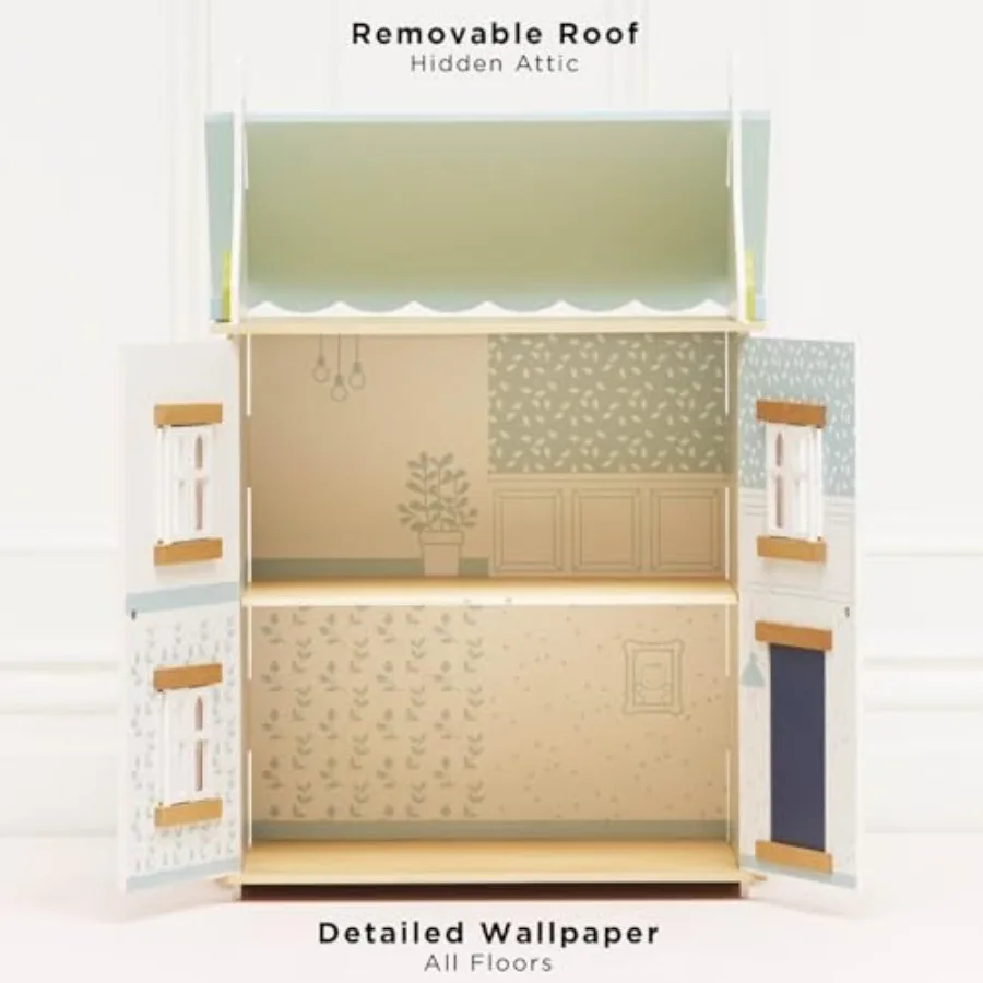Casa de boneca de madeira |   Conjunto de brincar para casa de bonecas de madeira de 3 andares para meninas e meninos – adequado para maiores de 3 anos