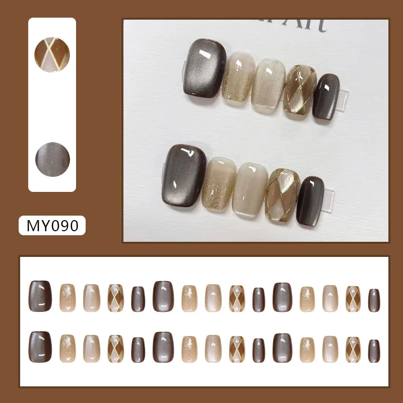 24pcs Fall Dark Brown Cat's Eye Fake Nails Plaid Design Press On Nails Short Ballet Maillard Auroral Flash False Nails Wearable