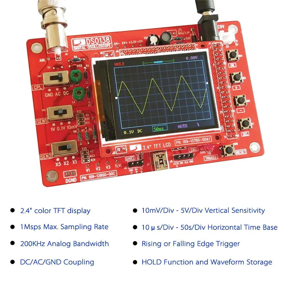 

DSO138 Digital Oscilloscope DIY Kit Adopts ARM Cortex-M3 Processor Open Source Oscilloscope with 2.4-inch TFT LCD Screen & Probe