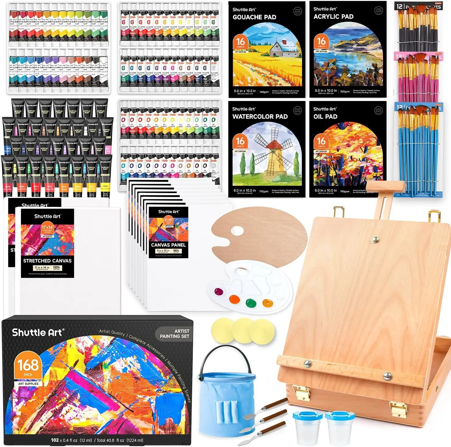 

168 Pcs Artist Painting Kit with Wooden Easel, Canvases, Brushes, Acrylic, Watercolor, Gouache & Oil Paints for Adults & Kids
