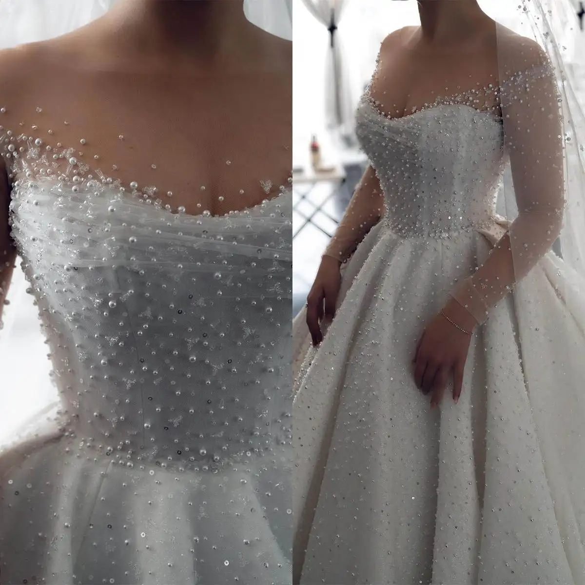 Gorgeous A Line Bride Gowns With Veil Pearls Sequins O Neck Wedding Dress Luxury Sweep Train Bridal Dresses Customized