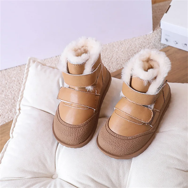 2024 New Winter Children Snow Boots For Boys Leather Waterproof Warm Fur Rubber Sole Fashion Girls Boots EU 26-33