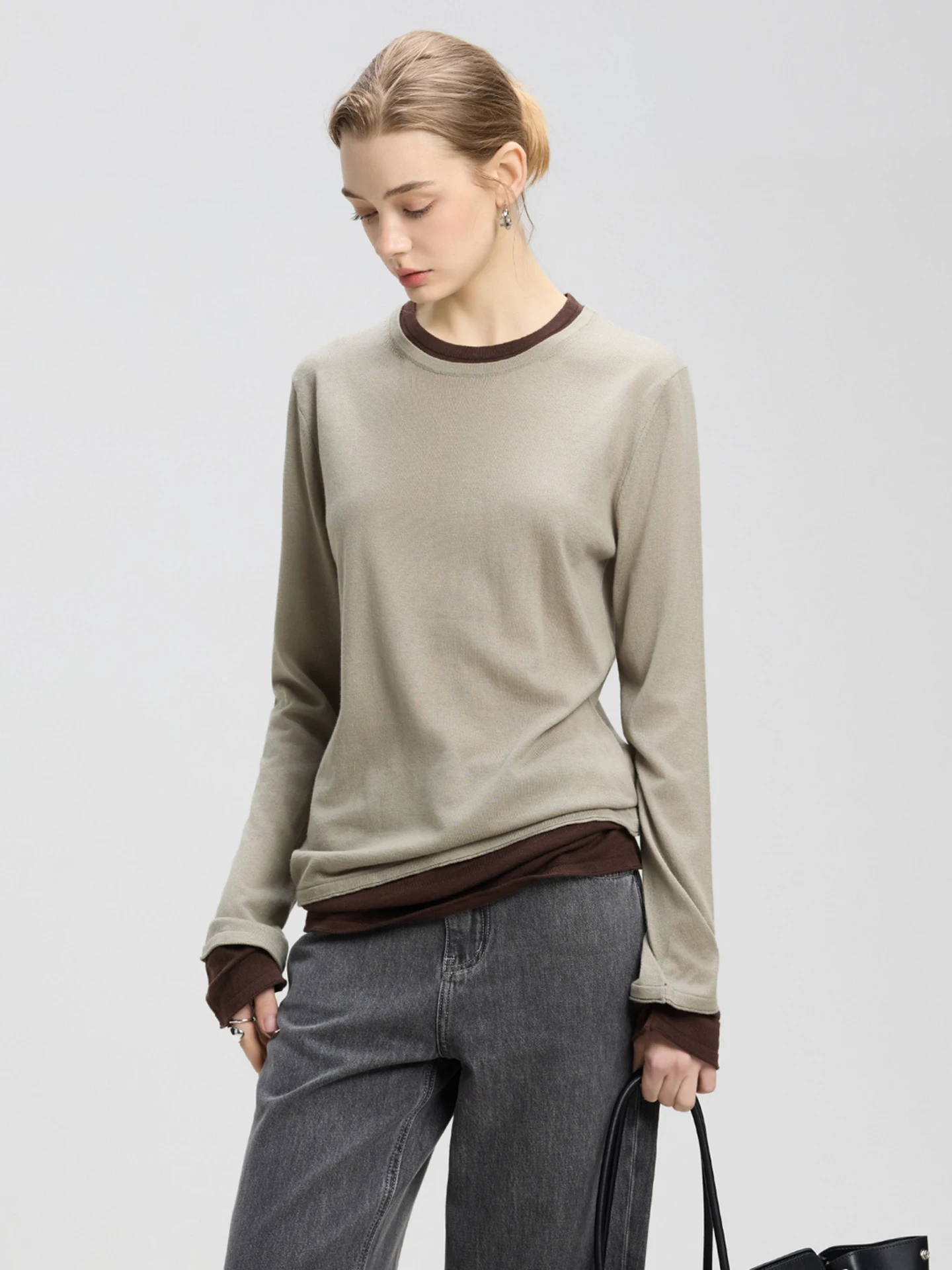 

LUR Color Block Long Sleeve T-Shirt Women's Slim Fit Base Shirt Top Casual Style Splicing Design Breathable Polyester Wool Blend