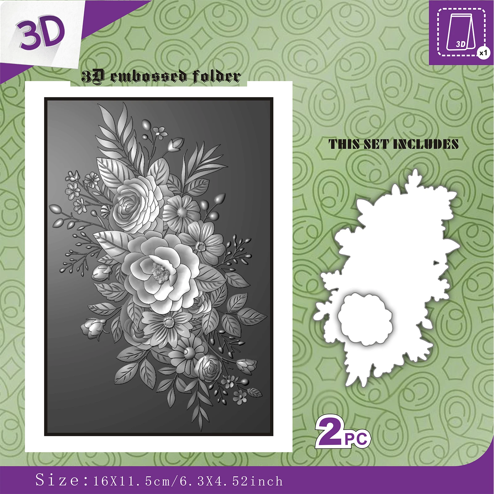 A 2-piece set of 3D relief folders and cutting molds for the back panel design of 