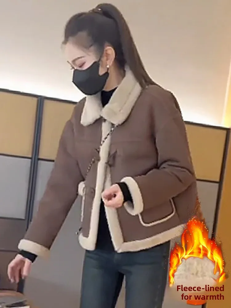 معطف فرو الخروف ort للنساء Thiened Fce خريف شتاء جديد Faion حجم صغير تخفيف Sle دافئ طويل Sve زر حتى