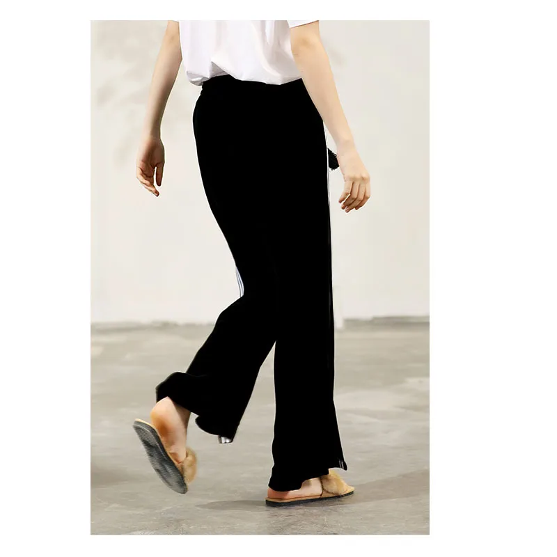 Real Silk Velvet Spring Summer Autumn Women's Nine Points Straight Leg Pants Black Classic Large Size 100KG Pants Good Quality