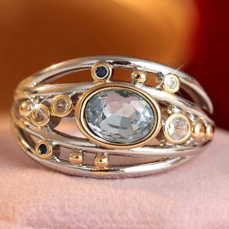 Hollowed Out Wide Face Ring For Women Multi Layered Staggered Design Inlay Cubic Zircon Ring Banquet Party Jewelry Accessory