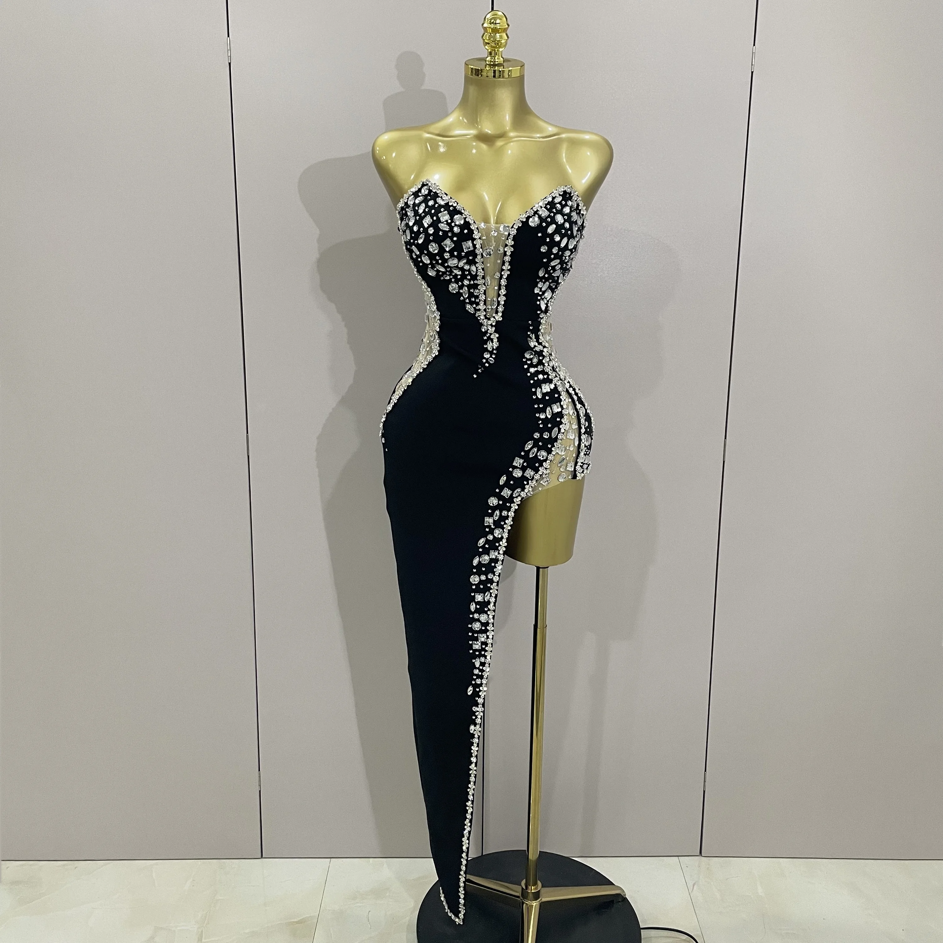 Nieuwste hoge kwaliteit sexy strapless glanzende steentjes bodycon bandage lange jurk damesmode vieren avondfeest vestido - afbeelding 2