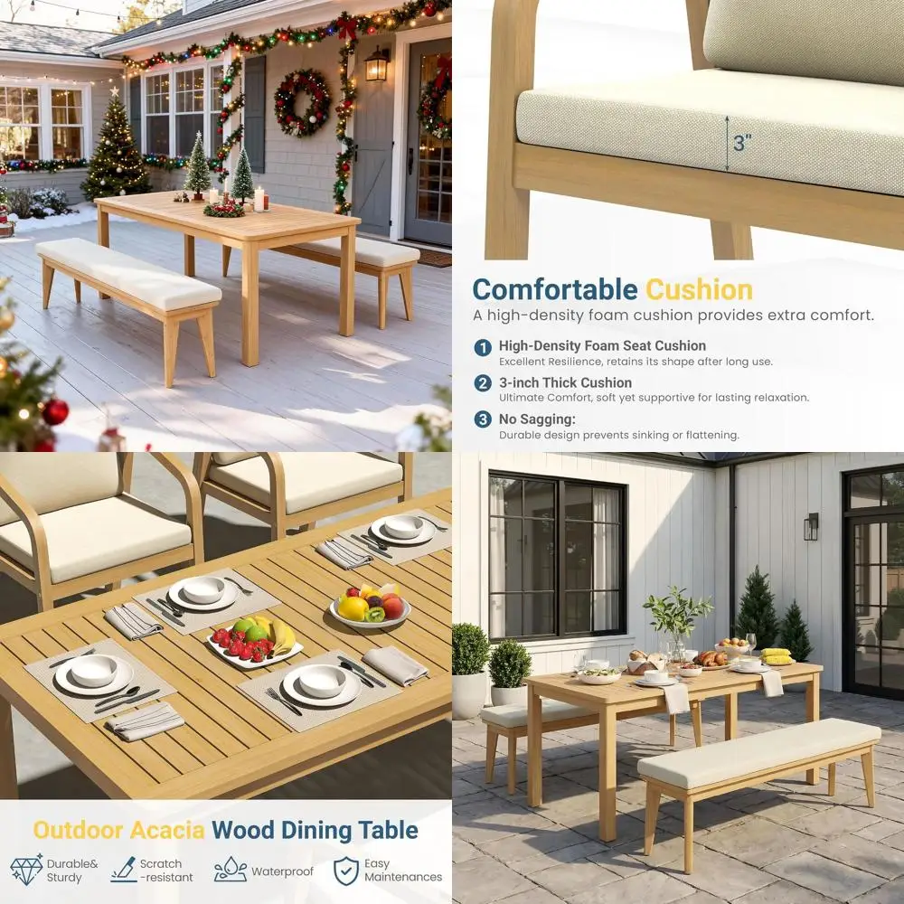 

Обеденный комплект из 3 предметов для улицы, из акации, с подушками, для заднего двора, сада, террасы, бежевый