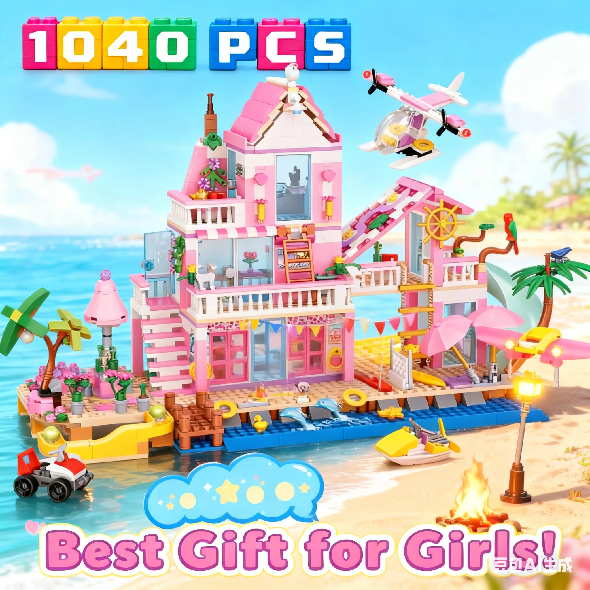 1 cambio 2 blocchi di costruzione della casa della città degli amici, villa al mare per le vacanze estive con scivolo, giocattoli MOC fai da te per regalo di compleanno per ragazze per bambini