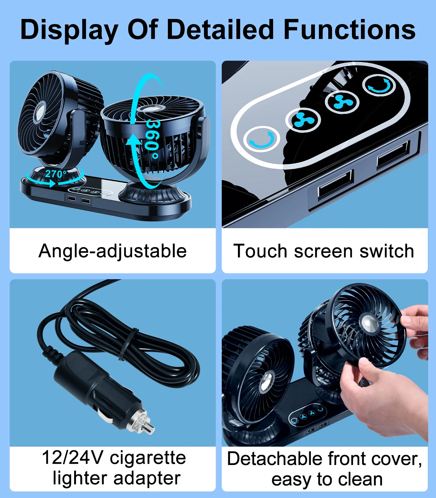 Eary Portable Dual Head Car Fan 12V 24V 3 Speed Auto Cooling Fan 270° Rotatable Vehicle Fan Mount For Dashboard Air Circulation