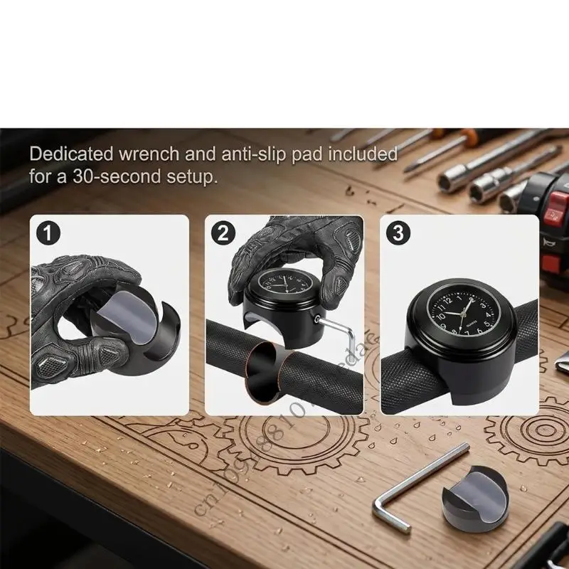 Clamp On Motorcycle Bar Clock with Split Clamp Bracket, Analog Black Metal Timepiece for 7/8 to 1 Inch Handlebars, Clear View