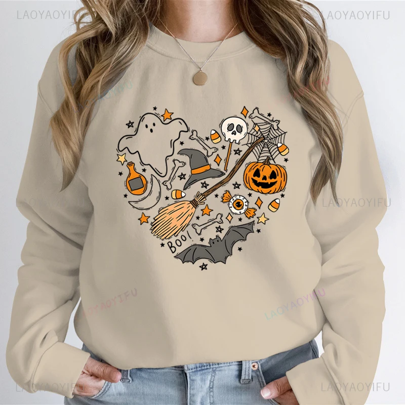 Fall Sweatshirt Women Heart Pumpkin Skeleton Ghost Print Halloween Gifts Funny Halloween Style Pumpkin Lady Harajuku Streetwear