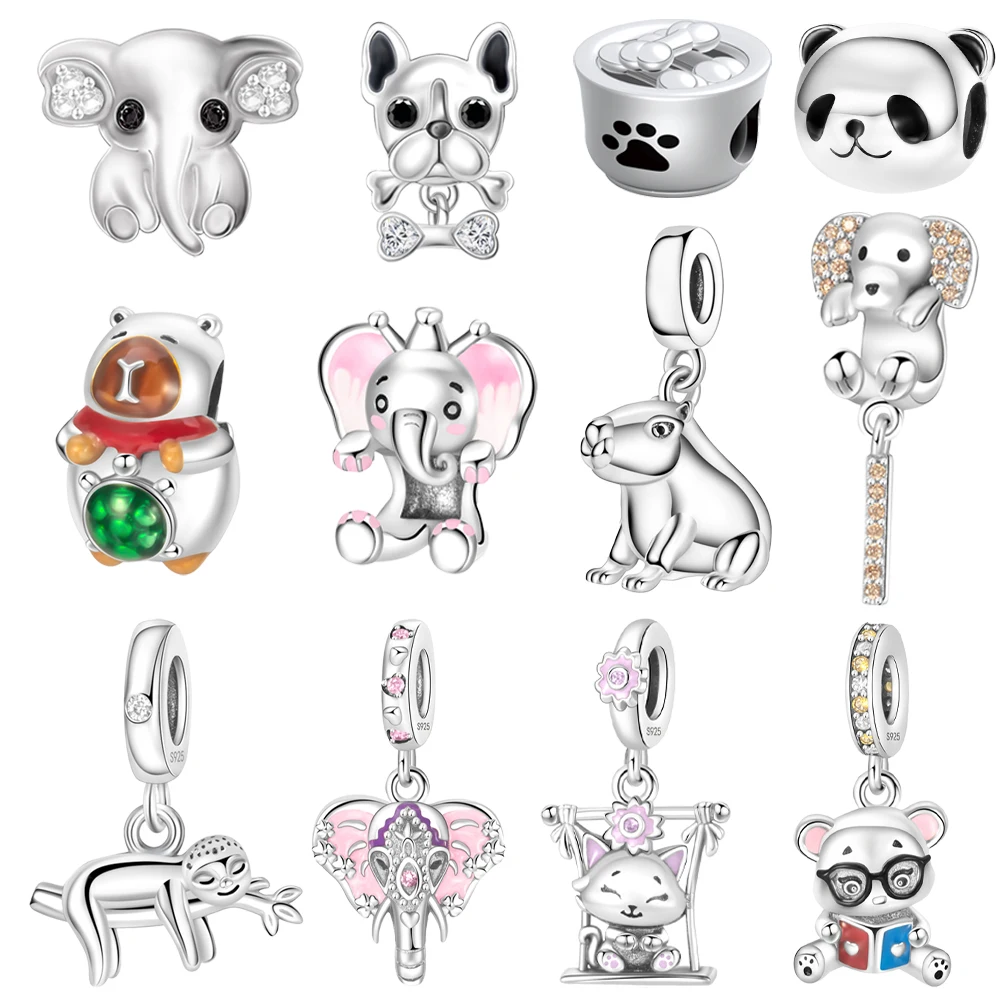 

2025 Silver Plated Elephant Panda Sloth Kitten Bear Dangle Charm Fit Pan Bracelet DIY Women Cartoon Animal Serise Jewelry Gift